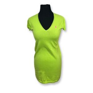 Ralph Lauren Knit Mini Dress V-Neck‎ Short Sleeve Cotton Blend Chartreuse XS